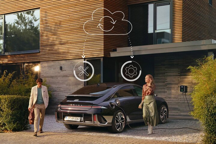 A man walks near a parked electric Hyundai Ioniq 6 car charging outside a modern house, while a woman walks towards him from beside the car. Icons of tools and a cogwheel are shown above the car with dotted lines connecting to a cloud icon.